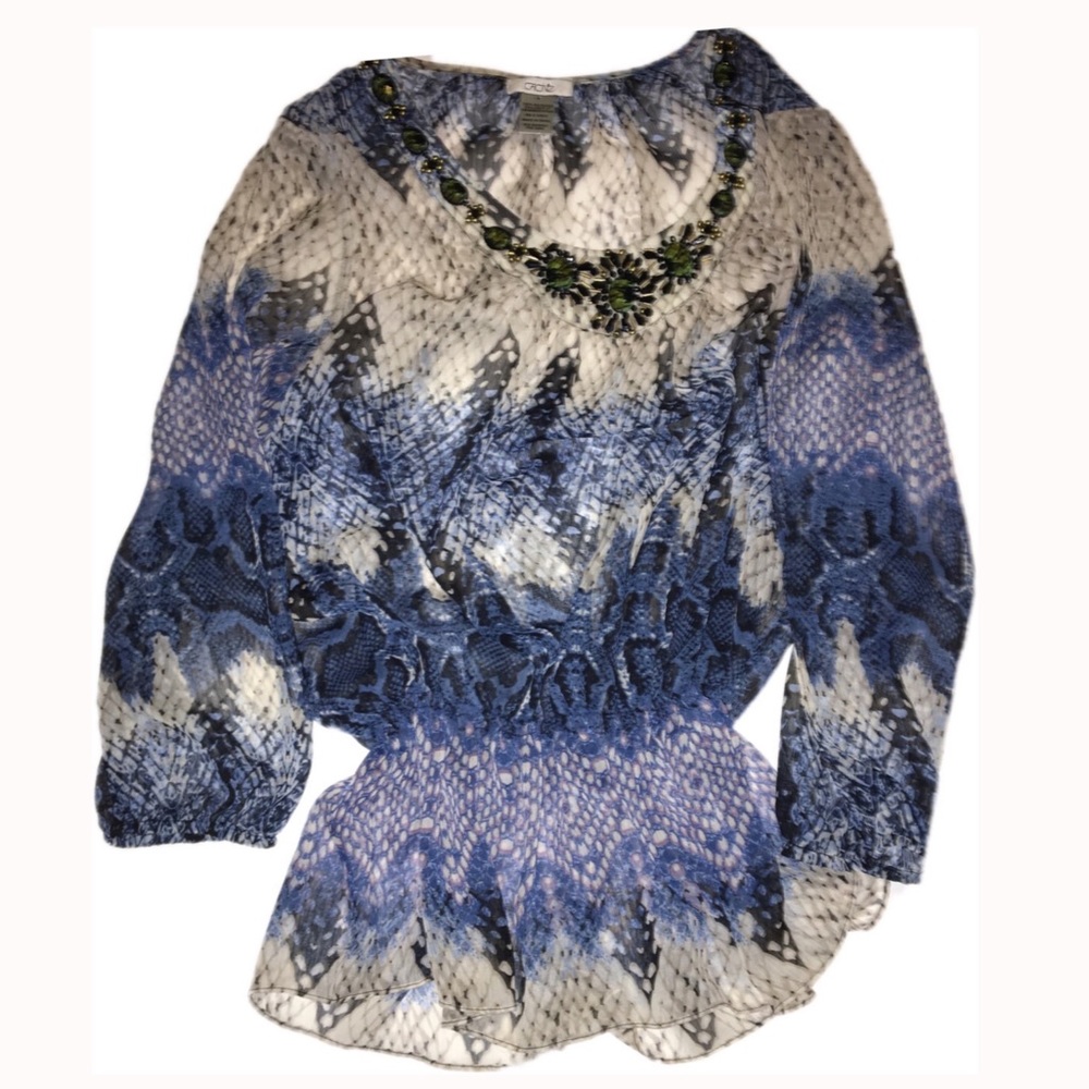 Caché Jeweled Blue Peplum Blouse, Medium - Picture 4 of 11